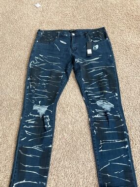 Fashion Nova Men's Skinny Distressed Dark Blue Jeans with Bleach Accents